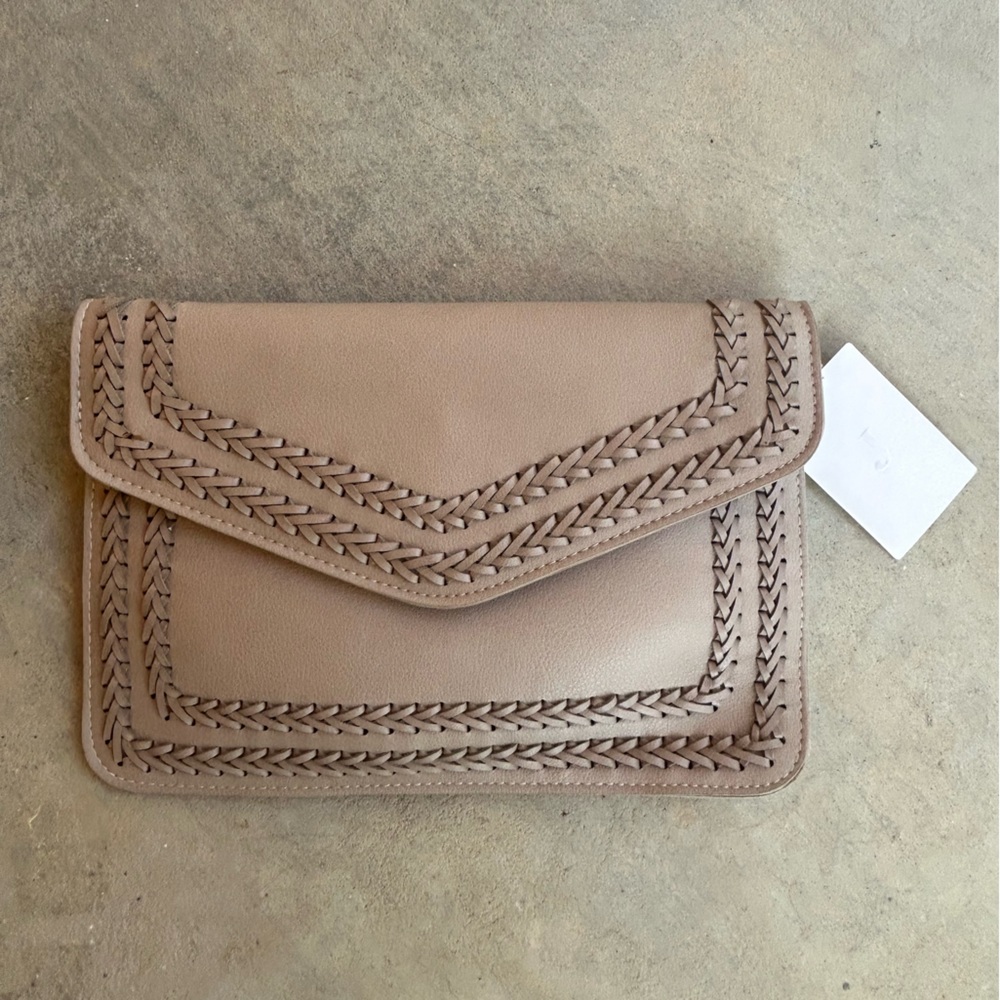 J Brand Vegan Leather Woven Crossbody/ Clutch in Taupe